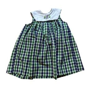 Kelly's Kids Plaid Dress Kids Green Good Sailboat Monogram M SIZE 5/6‎